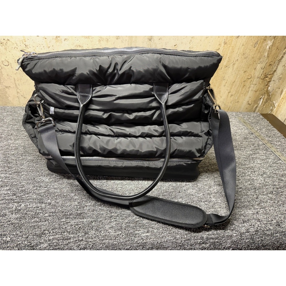 Black Quilted Puffer Tote Bag Weekender Crossbody with Trolley Sleeve Travel Bag - Picture 5 of 10